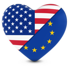 United States Flag Heart Mixed with European Union Flag Heart - 3D Illustration