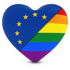 European Union Flag Heart Mixed with Gay Pride Rainbow Flag Heart - 3D Illustration