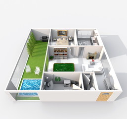 3d interior rendering perspective view of furnished home apartment with green patio and swimming pool: room, bathroom, bedroom, kitchen, living-room, hall, entrance, door, window, 