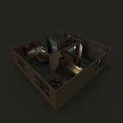 3d interior rendering perspective view of furnished home apartment with turned on lights by night: room, bathroom, bedroom, kitchen, living-room, hall, entrance, door, window, 