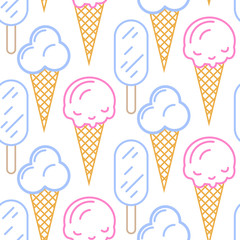 Ice cream vector seamless pattern. Summer ice dessert collection. Waffle cone, popsicle and sundae line art icon background for wrap and textile.