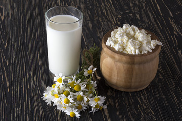 Cottage cheese, glass with milk and chamomile flowers