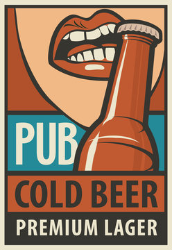 bunner for pub with mouth opens a beer bottle with his teeth in retro style