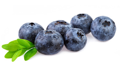 Blueberries with leaf isolated on white.