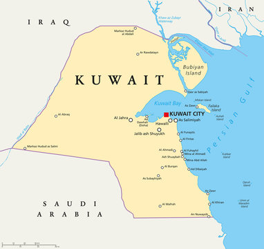 Kuwait political map with capital Kuwait City, national borders, important cities and rivers. English labeling and scaling. Illustration.