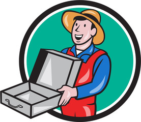 Man Holding Empty Open Suitcase Circle Cartoon