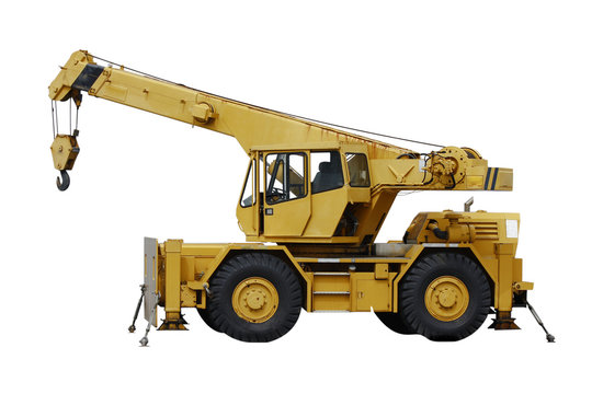 Stock Photo:  Industrial mobile crane Demag and hook on white ba