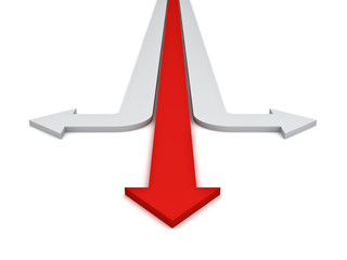 One red straight arrows showing three different directions concept isolated over white background...