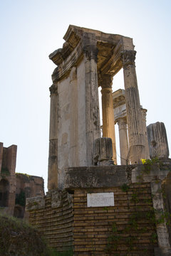 ROME, ITALY - APRIL 8, 2016: Temple of Vesta Roman's forum with ruins of important ancient government buildings started 7th century BC 