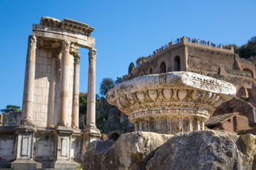 ROME, ITALY - APRIL 8, 2016: Temple of Vesta Roman's forum with ruins of important ancient...