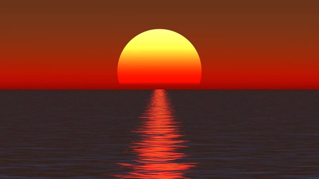 large animated sun over water at sunset or sunrise
