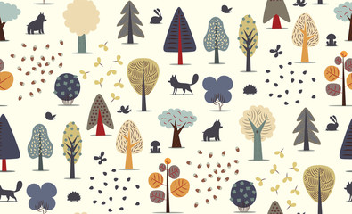 Naklejka premium The vector illustrated seamless pattern of flat forest elements - various trees, wild animals and seeds.