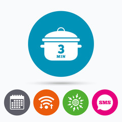 Boil 3 minutes. Cooking pan sign icon. Stew food