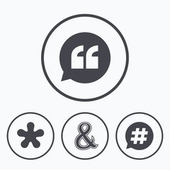 Quote, asterisk footnote icons. Hashtag symbol.