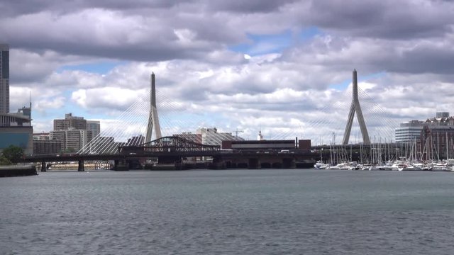 The Leonard P. Zakim Bunker Hill Bridge in Boston as seen from the harbor.  	