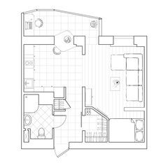 Black and white drawing. A sketch of the floor plan. Small apartment with furniture.