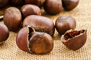 fresh chestnuts on sack.