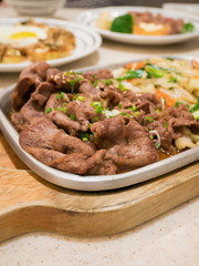 Beef with vegetables on hot plate