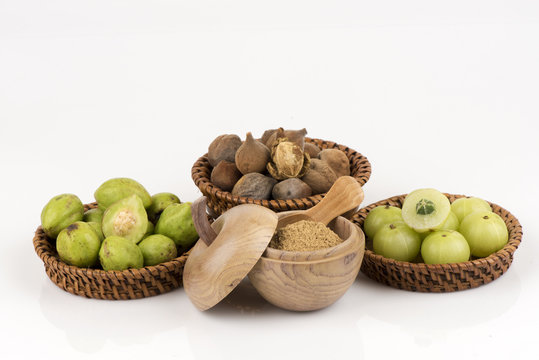 Triphala (thai name) means three fruits contain Terminalia belerica (Gaertn.) Roxb.), Terminalia chebula Retz. and Phyllanthus emblica Linn, have medicinal properties.