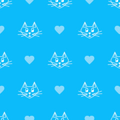 Blue cat's faces, Seamless background with hearts and cat's faces