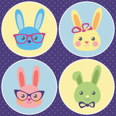 Funny bunny, the set of colorful icons with cute rabbit faces, flat design