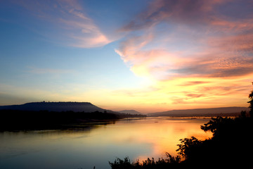 Fototapeta premium Good Morning Mae Khong river, border of Thailand and Laos, Twilight sky background.