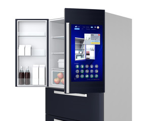 Smart refrigerator concept. User can manage food or purchase new one by touch screen interface. 3D rendering image.