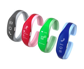 Colorful smart bands with rubber bracelet isolated on white background. 3D rendering image with clipping path.