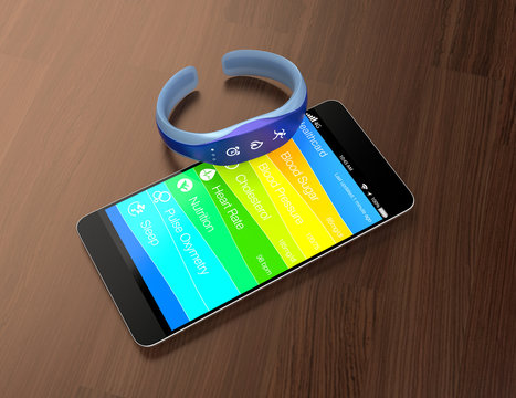 Smart band and smart phone on the table. 3D rendering image.