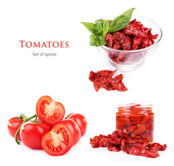 Dried and fresh tomatoes. Isolated on white background