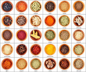 Large collection of different spices and herbs in wooden bowls, isolated on white background