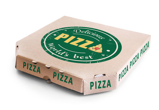 Cardboard pizza box isolated on white background, close up