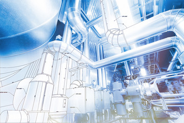 Sketch of piping design mixed with industrial equipment photo