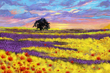 Fototapeta premium Watercolor Style Digital Artwork 16: The Tree and the Flower Plain and the Sky. Realistic Fantastic Cartoon Style Character, Background, Wallpaper, Story, Card Design