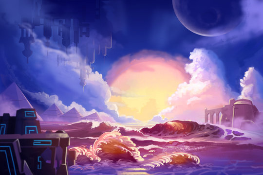 Watercolor Style Video Game Digital CG Artwork Concept Art Illustration Set 4: The Alien Planet. Realistic Fantastic Cartoon Style Character, Background, Wallpaper, Story, Card Design