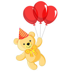 Funny toy teddy bear flying on a bunch of balloons. Background for greeting card.