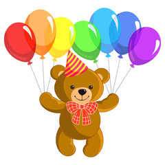 Funny toy teddy bear flying on a bunch of balloons. Balloons of all colors of the rainbow. Background for greeting card.