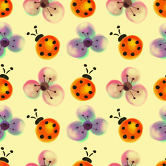 Seamless floral pattern with insects. Watercolor background with hand drawn flowers and ladybugs. Series of Watercolor Seamless Patterns, Backgrounds.