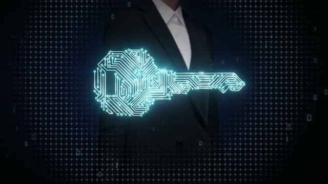 Businesswoman touching shape of key, circuit board light line, security, Find solution, security technology.