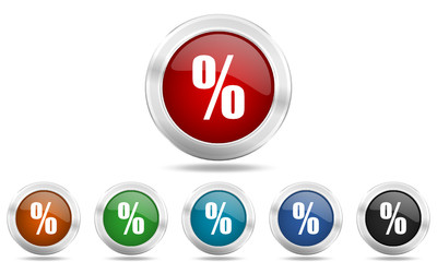 Steel glossy round colored web percent vector icon set