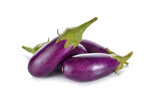 purple eggplant with stem on white background