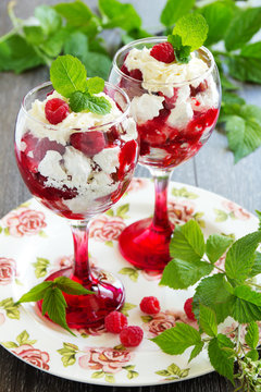 Eton Mess - Dessert With Raspberries.