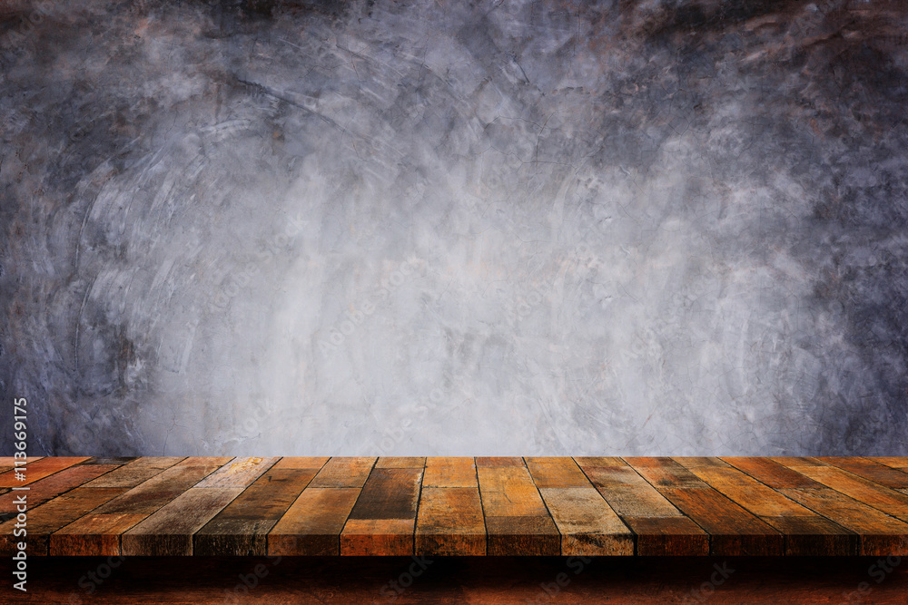 Poster empty wooden table with bare concrete wall background.