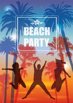 Exotic Banner with Palm Trees and People Silhouettes for Party.