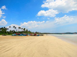 Empty clean beach with palms and fishing boats, Weligama, Sri Lanka