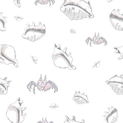 The vector seamless pattern with funny crabs and beautiful seashells