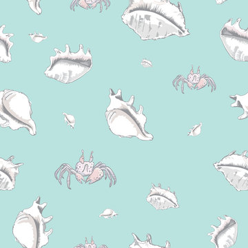 The vector seamless pattern with funny crabs and beautiful seashells