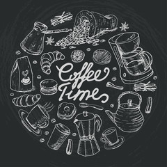 Isolated Coffee items in a circle on dark background