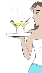 Deurstickers Serveerster met dienblad met cocktails © emieldelange