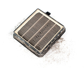 Dirty used cabin air conditioner filter isolated on white backgr